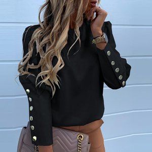 Women Blouses Long Sleeve Back Metal Buttons Shirt